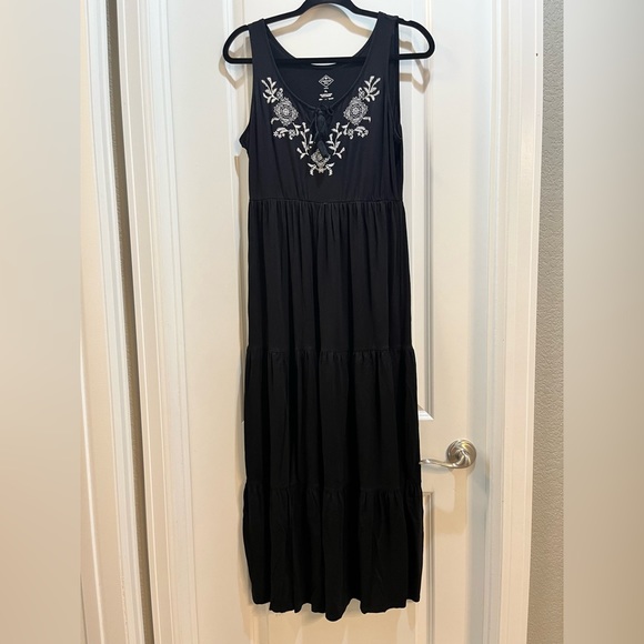 St John’s Bay Black Large Petite Tank Maxi Dress Tassels Tie Embroidered - Picture 1 of 7